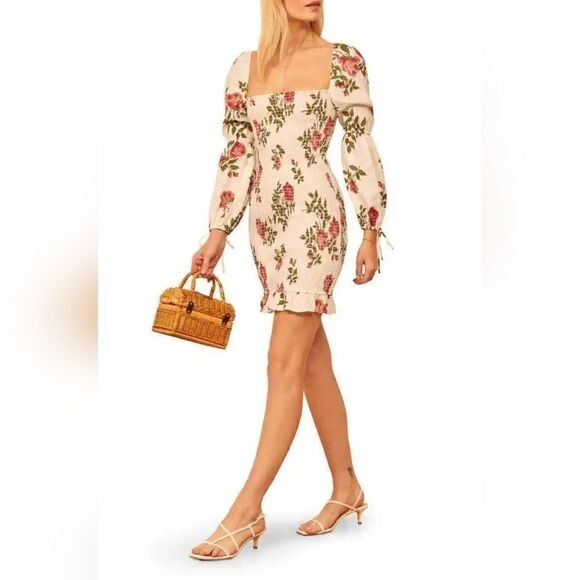 Reformation Linen Dress Hilary Floral Smocked Puff Sleeve Large - Picture 4 of 13